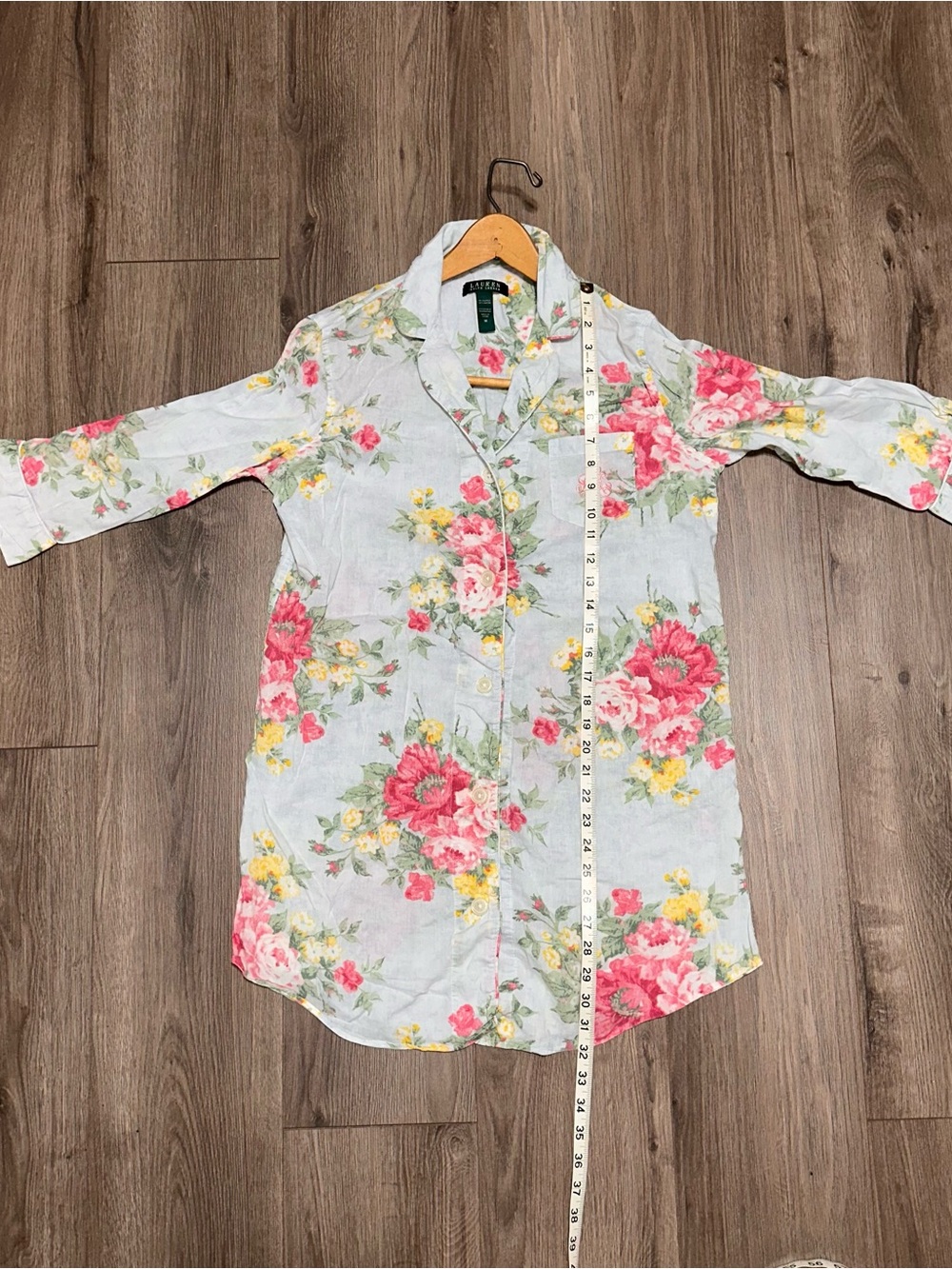 Lauren Ralph Lauren Light Blue Floral Cotton Nightshirt with Pink & Yellow Roses - Picture 6 of 6